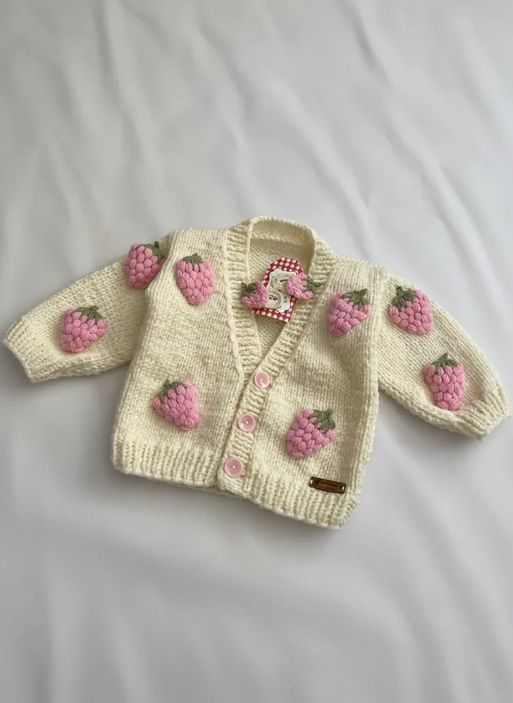 Krem Renkli Çilek Desenli Örgü Bebek Hırka - El Yapımı