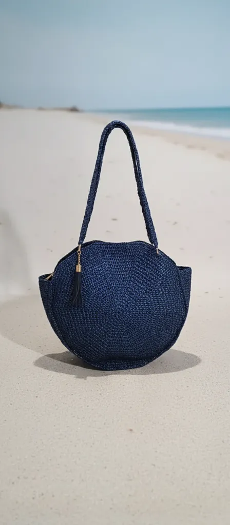 Lacivert Metalik İpli Büyük Boy Örgü Plaj Çantası - El Emeği
