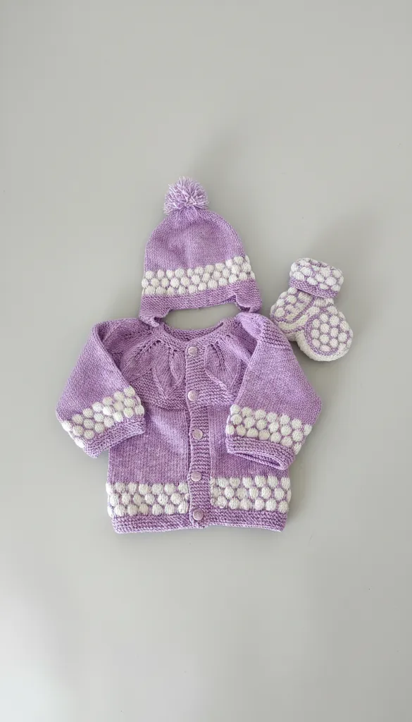 Lila Renkli Örgü Bebek Hırka Şapka Patik Takımı - El Emeği