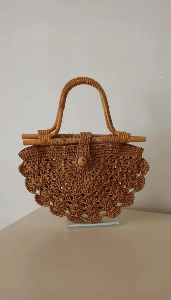Kahverengi Rattan Detaylı Yelpaze Model Örgü Çanta - El Yapımı