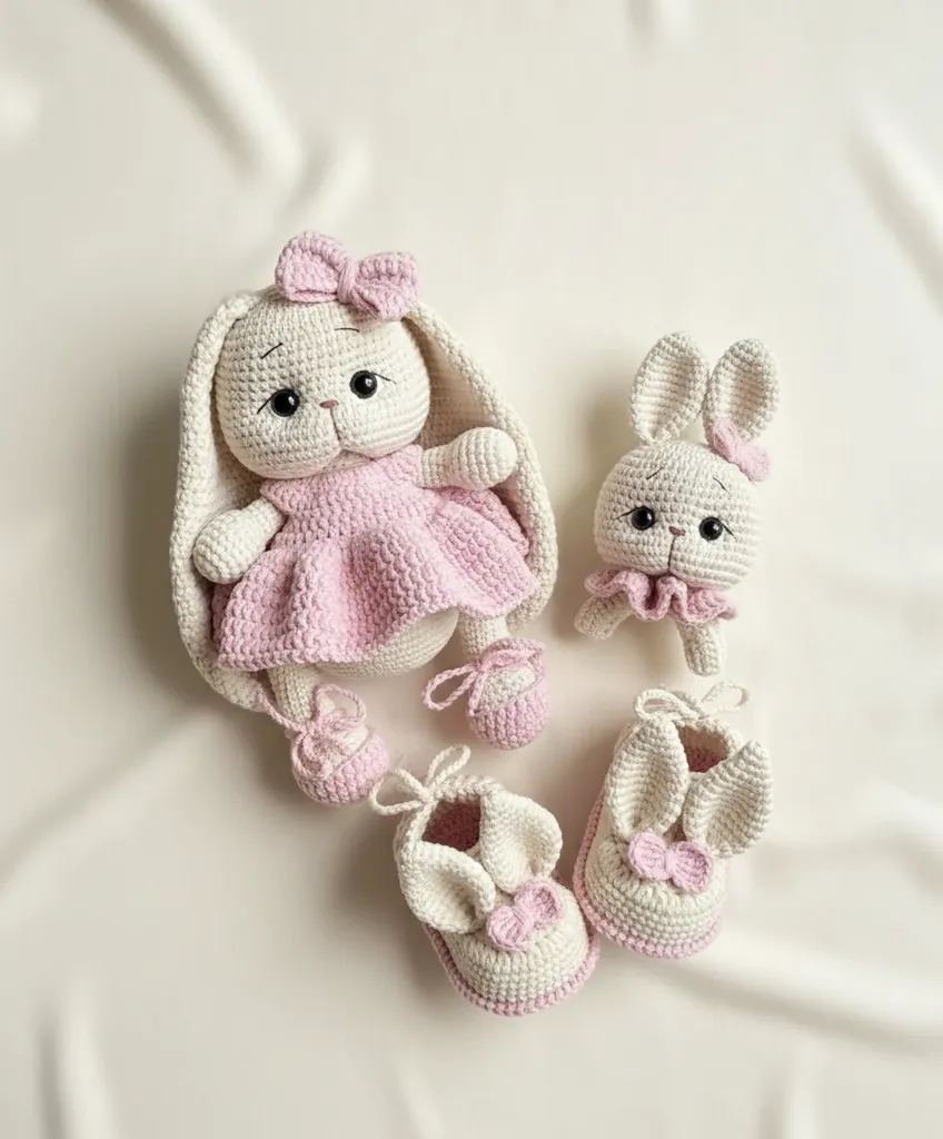 Amigurumi Tavşan Oyuncak ve Patik Seti - Pembe El Örmesi Bebek Seti