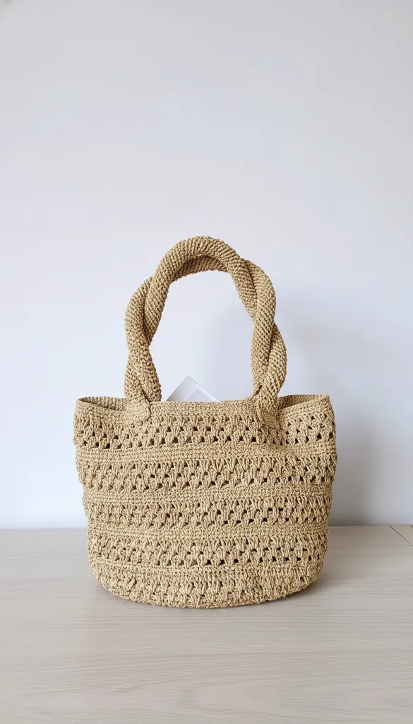 Bej Renk Büyük Boy El Örgüsü Hasır Çanta - Astarlı ve Cepli