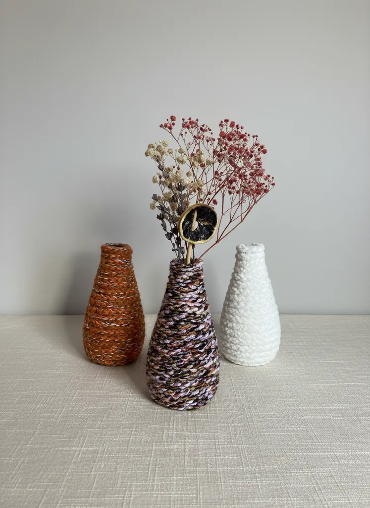 Örgü İple Kaplı Dekoratif Mini Vazo Seti - Turuncu, Batik, Krem