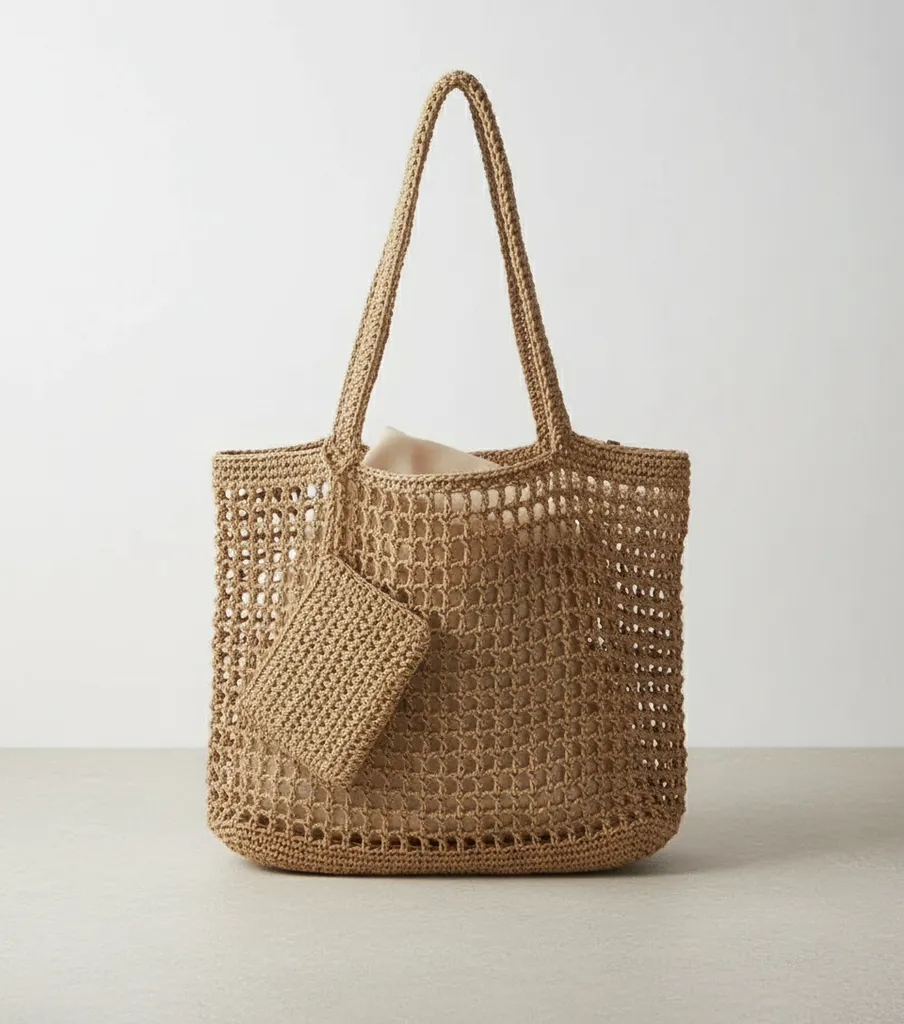 Doğal Kâğıt İple El Örgüsü Yazlık File Çanta – Hafif, Şık ve Sürdürülebilir