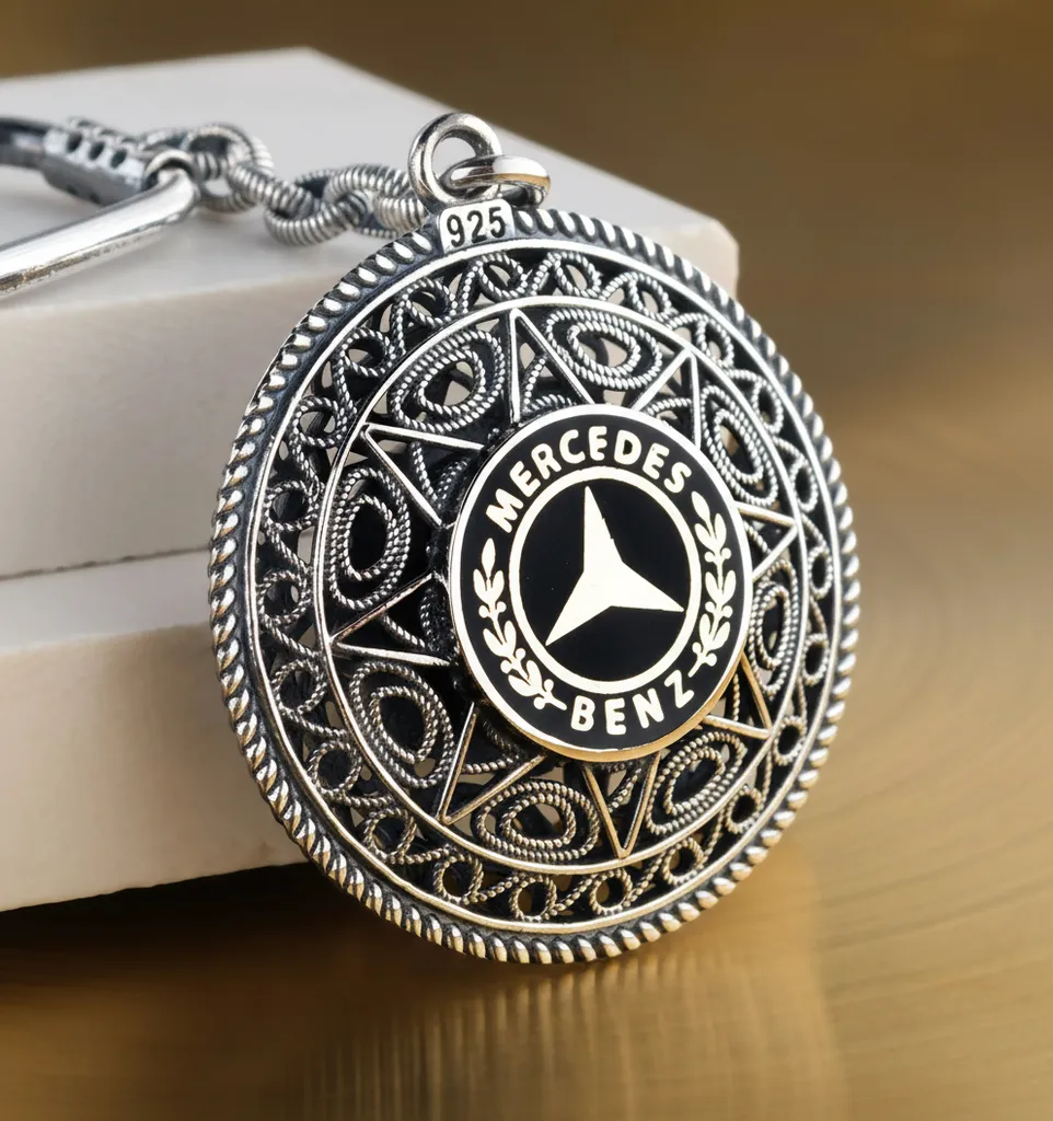 925 Sterling Silver Filigree Keyring with Mercedes Emblem - Midyat Craftsmanship
