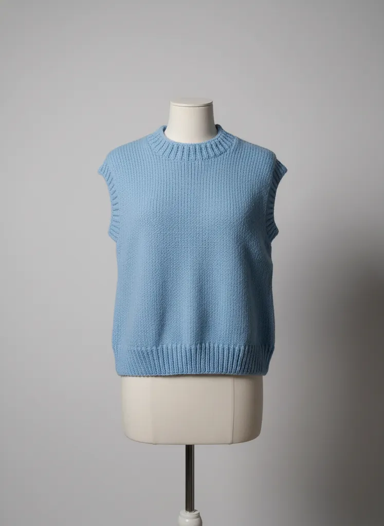 Mavi Örgü Crop Süveter - Kısa Kollu, Yuvarlak Yaka Model