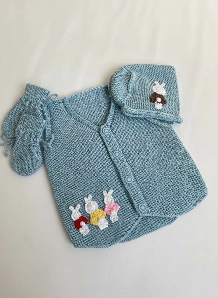 Mavi Örgü Bebek Hırka, Bere ve Eldiven Seti - Tavşan Desenli El Emeği