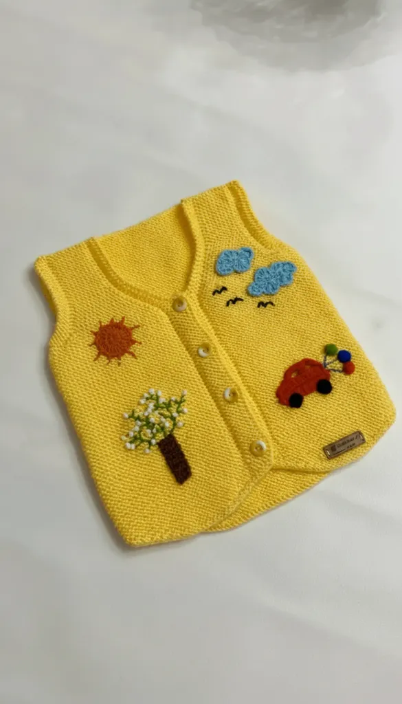 Sarı Renkli Doğa Temalı Bebek Yeleği - El İşçiliği Örgü Yelek