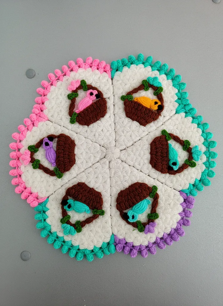 Renkli Kuş Desenli Yuvarlak Lif Banyo Mutfak Lifi - El Emeği