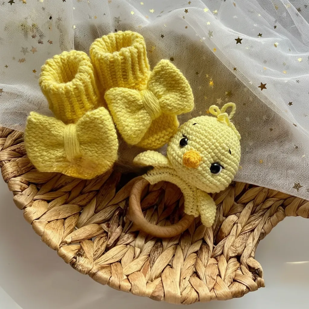 Sarı Civciv Amigurumi Çıngırak ve Fiyonklu Patik İkili Set - El Emeği