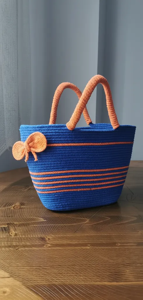 Mavi - Turuncu Pamuk İpten Örme Çanta - El Emeği