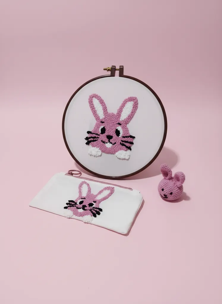 Pembe Tavşan Desenli Punch İşleme 3'lü Set - Duvar Panosu, Kalemlik, Anahtarlık
