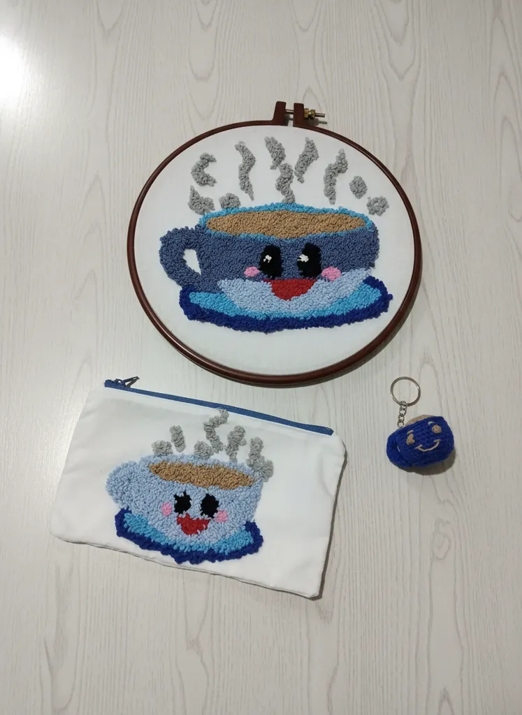 Mavi Kahve Fincanı Desenli Punch İşleme 3'lü Set - El Emeği