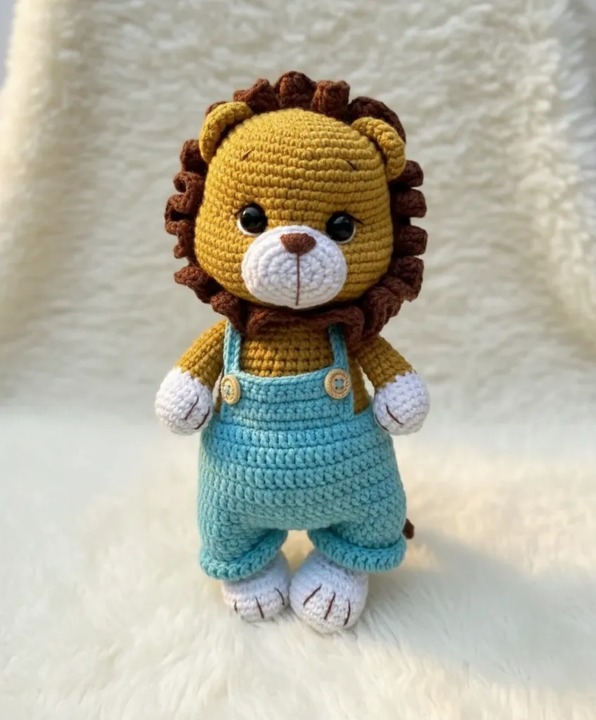 Mavi Tulumlu Amigurumi Aslan Bebek Oyuncak - El Yapımı Hediye