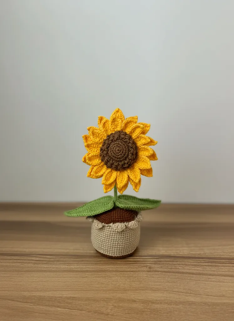 Sarı Renk Pamuk İpten Örme Saksılı Ayçiçeği Amigurumi - El Emeği