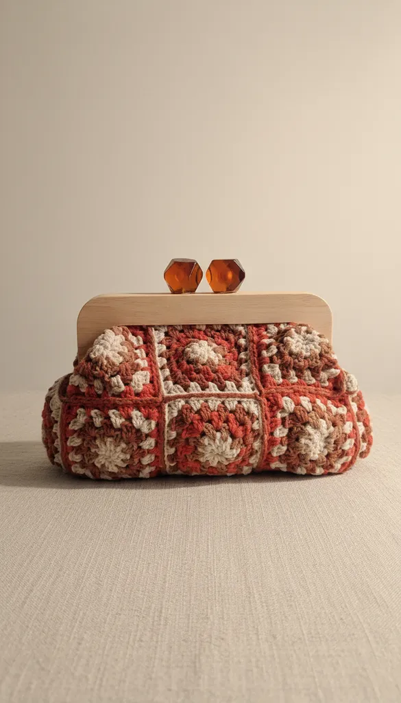 Ahşap Burslu Örgü Çanta - Vintage Motifli, Kahverengi ve Krem Tonlarında