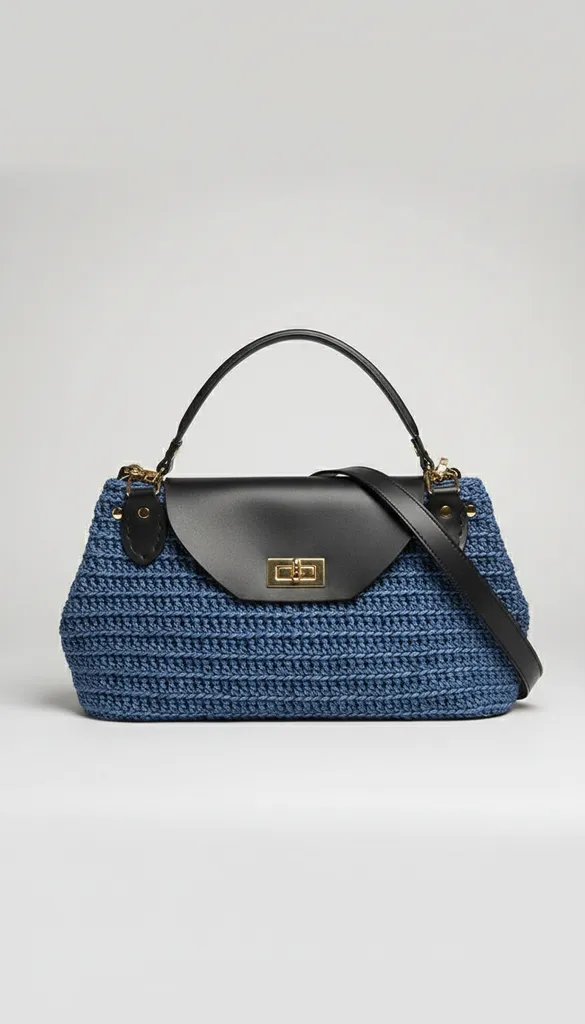 Lacivert Makrome Örgü Omuz Çantası - Deri Kapaklı ve Askılı El Emeği