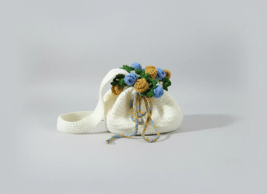 Krem Renkli Çiçek Buketi Detaylı Örgü Çanta - Pamuk İplik El Emeği