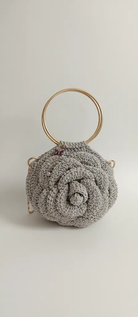 Gri Renk Gül Motifli Örme Çanta - Zincir Askılı Davet Çantası