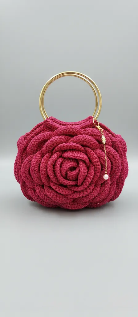 Pembe Gül Desenli Örgü Çanta - Metal Saplı Davet Çantası