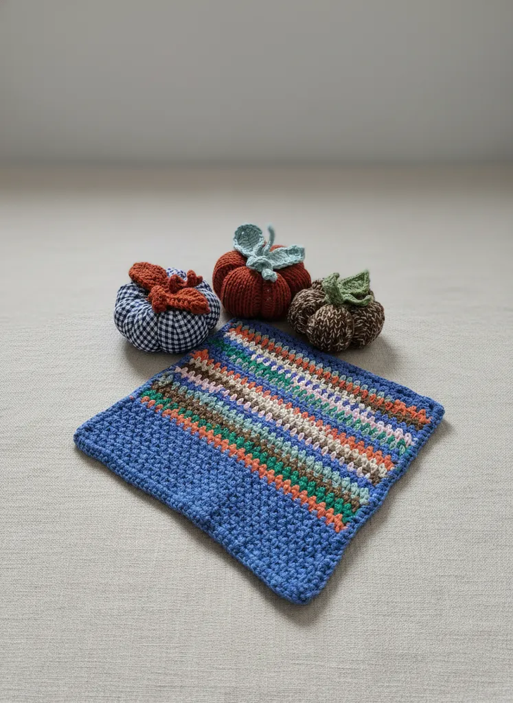 Örme Balkabağı Dekoratif Set ve Çok Renkli Kare Lif - El Emeği