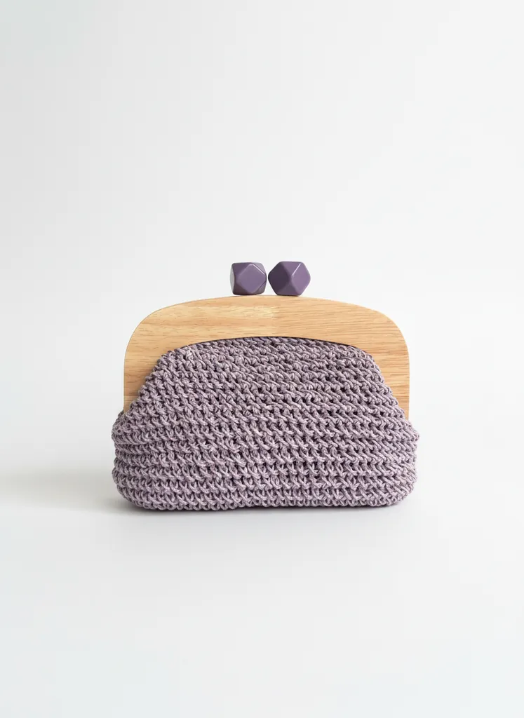 Lila Renkli Ahşap Detaylı Kağıt İp Örgü Çanta - El Emeği