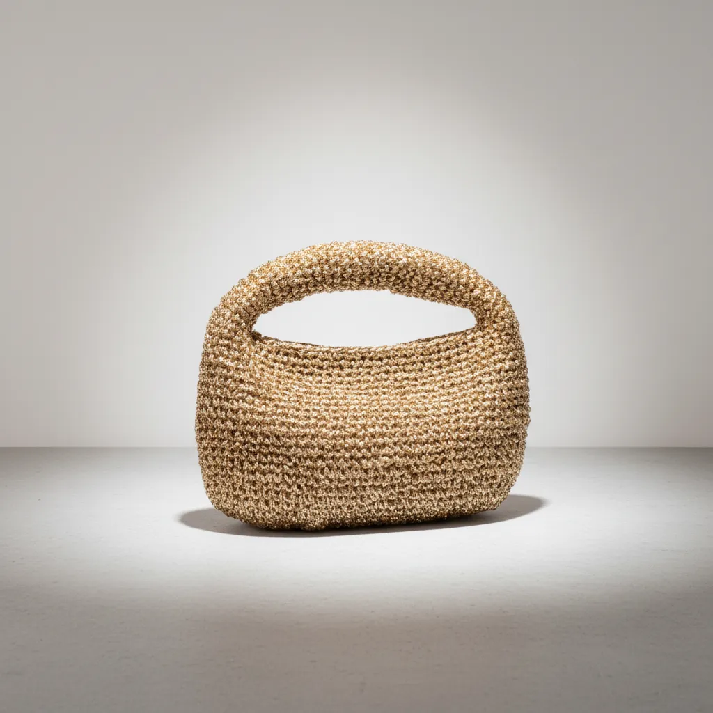 Metalik Kağıt İp Örgü Açık Gold Abiye Çanta - Fermuarlı ve El Emeği