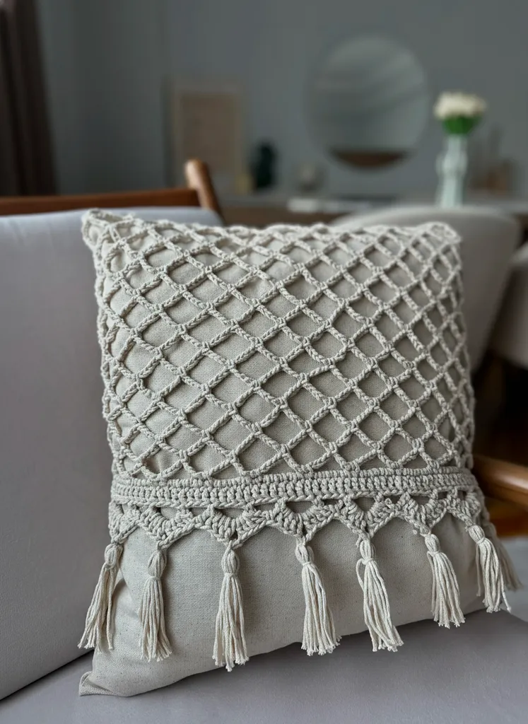 Makrome Detaylı Keten Kırlent Kılıfı - Bohem Tarzı 43x43 cm