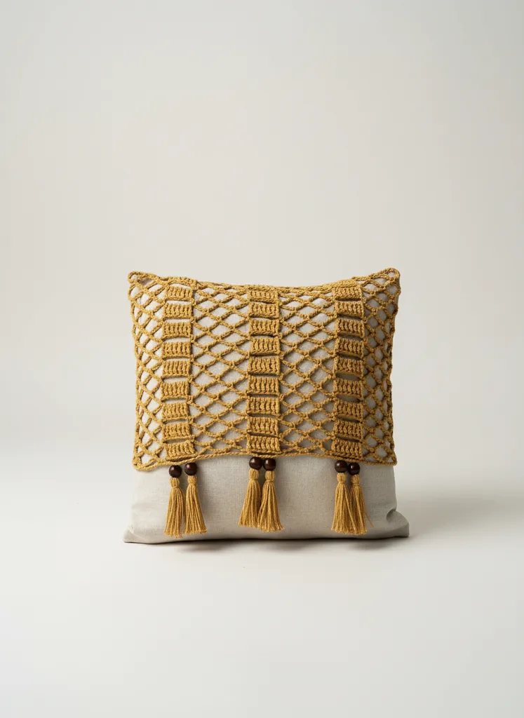 Hardal Renkli Makrome Detaylı Keten Kırlent Kılıfı 43x43 cm - El Emeği