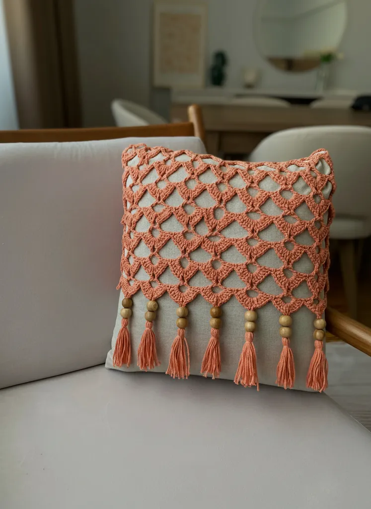 Somon Makrome Detaylı Keten Kırlent Kılıfı - El Emeği 43x43 cm