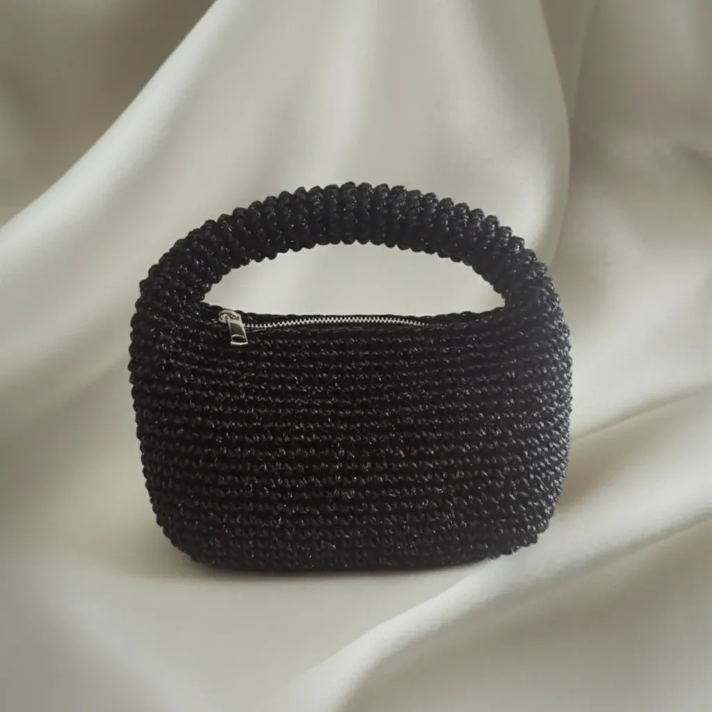 Siyah Metalik İp Örgü Abiye Çanta - Fermuarlı, Özel Tasarım