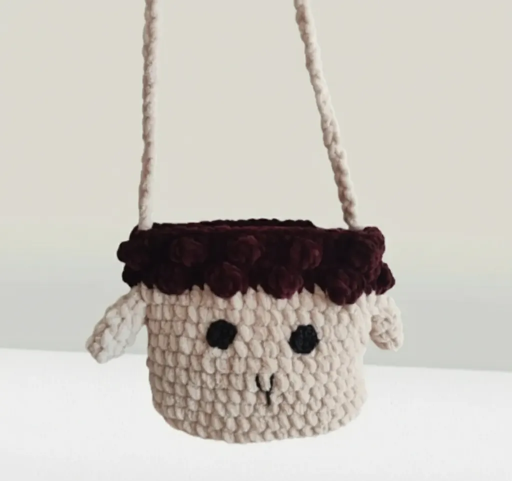 Sevimli Koyun Tasarımlı Çocuk Çantası - Kadife İp Örgü - El Emeği