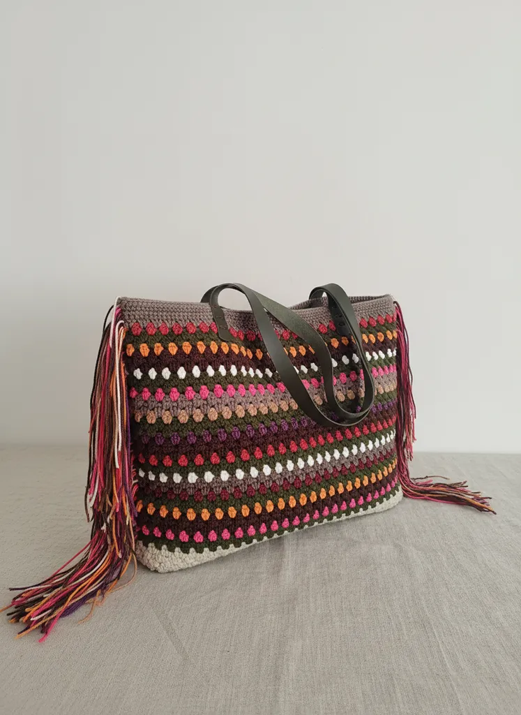 Renkli Örgü Omuz Çantası - XL Boyut, Bohem Tarzı, El Emeği