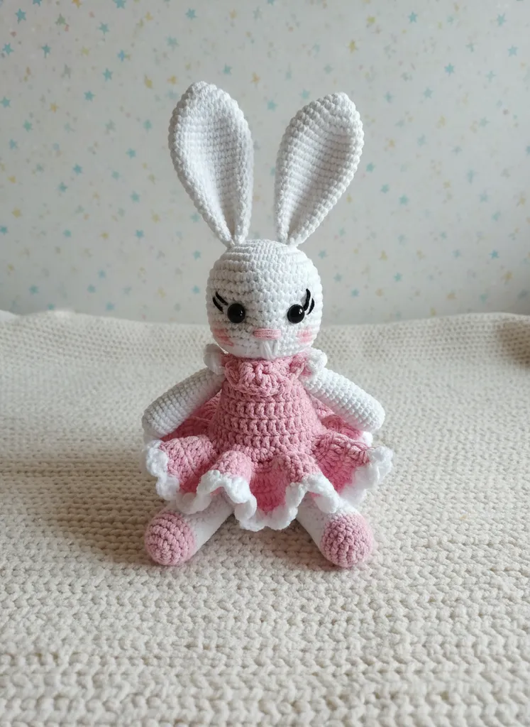 Beyaz Örgü Oyuncak Tavşan - Pembe Elbise Detaylı Oyun ve Uyku Arkadaşı