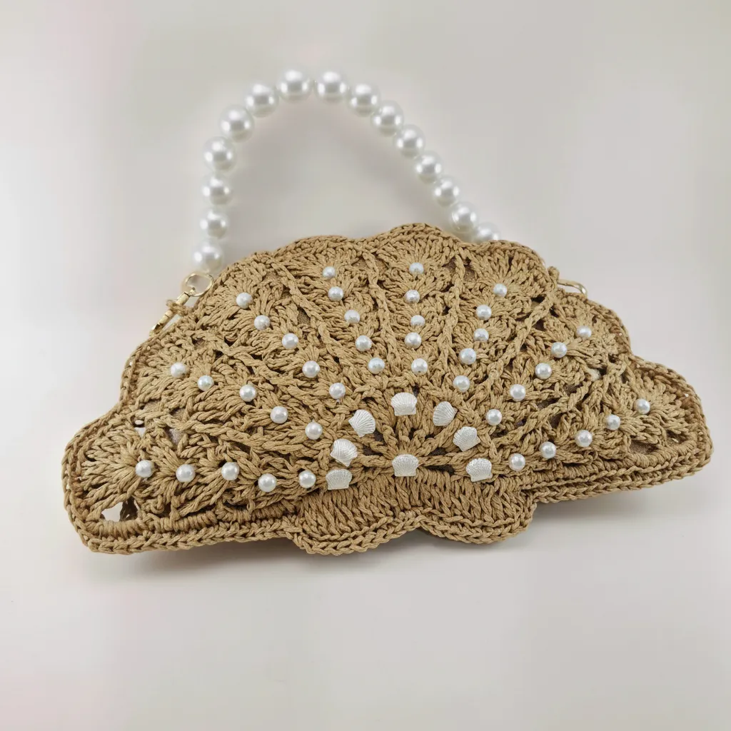 Kağıt İp Örgü İstiridye Model İnci Detaylı Trend Çanta