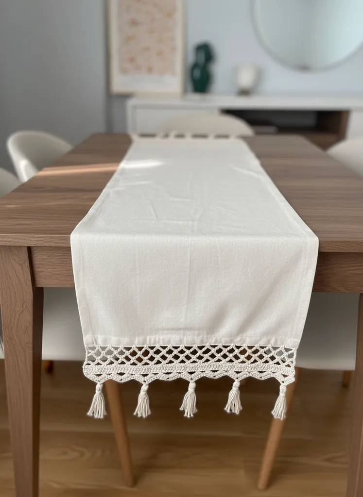 Krem Renkli Makrome Masa Örtüsü Runner - 40x100 cm Ölçülerinde