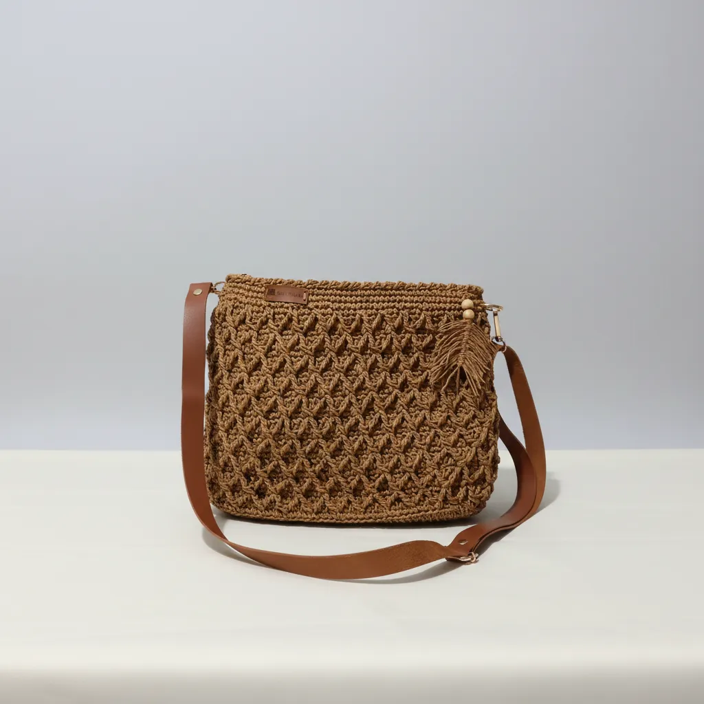 Kahverengi Kağıt İp Örgü Omuz Çantası - Astarlı, Fermuarlı ve El Yapımı
