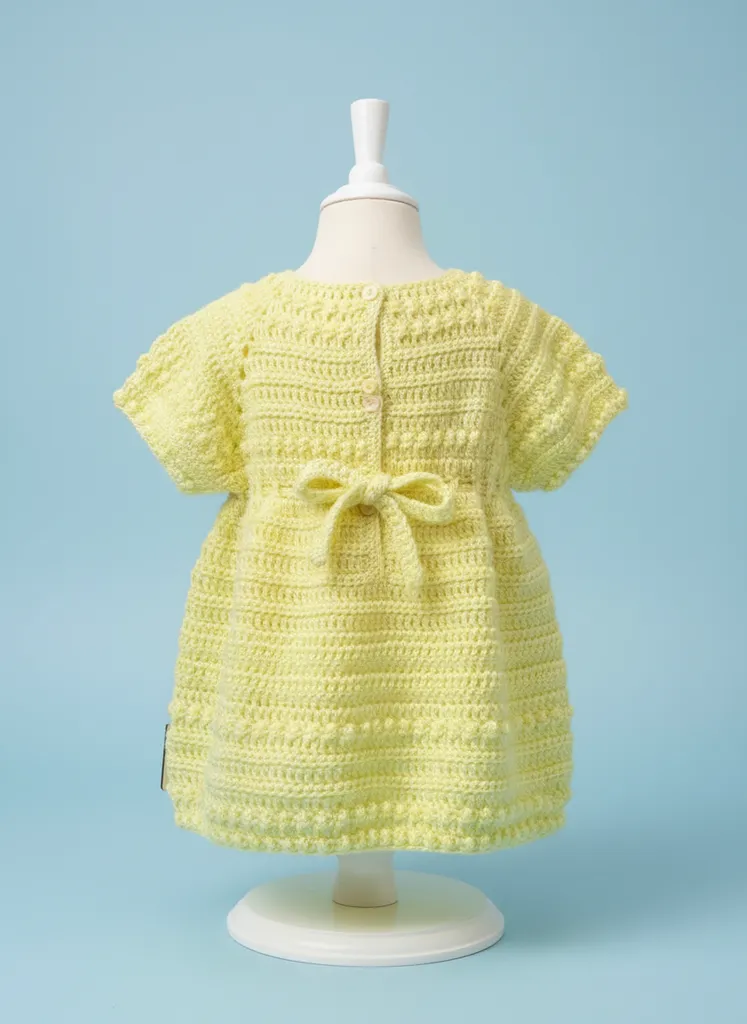Sarı Tığ İşi Çocuk Elbisesi - 1-2 Yaş Arası, İnce Bebek İpiyle Örülmüş