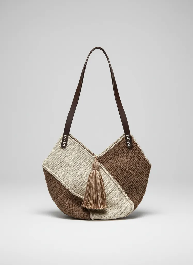 Kahverengi ve Krem Renkli Tığ İşi Omuz Çantası - El Emeği