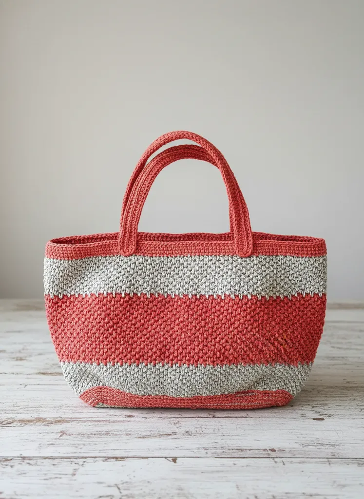 Kırmızı Beyaz Çizgili Kâğıt İp Tığ İşi Astarlı Plaj Çantası