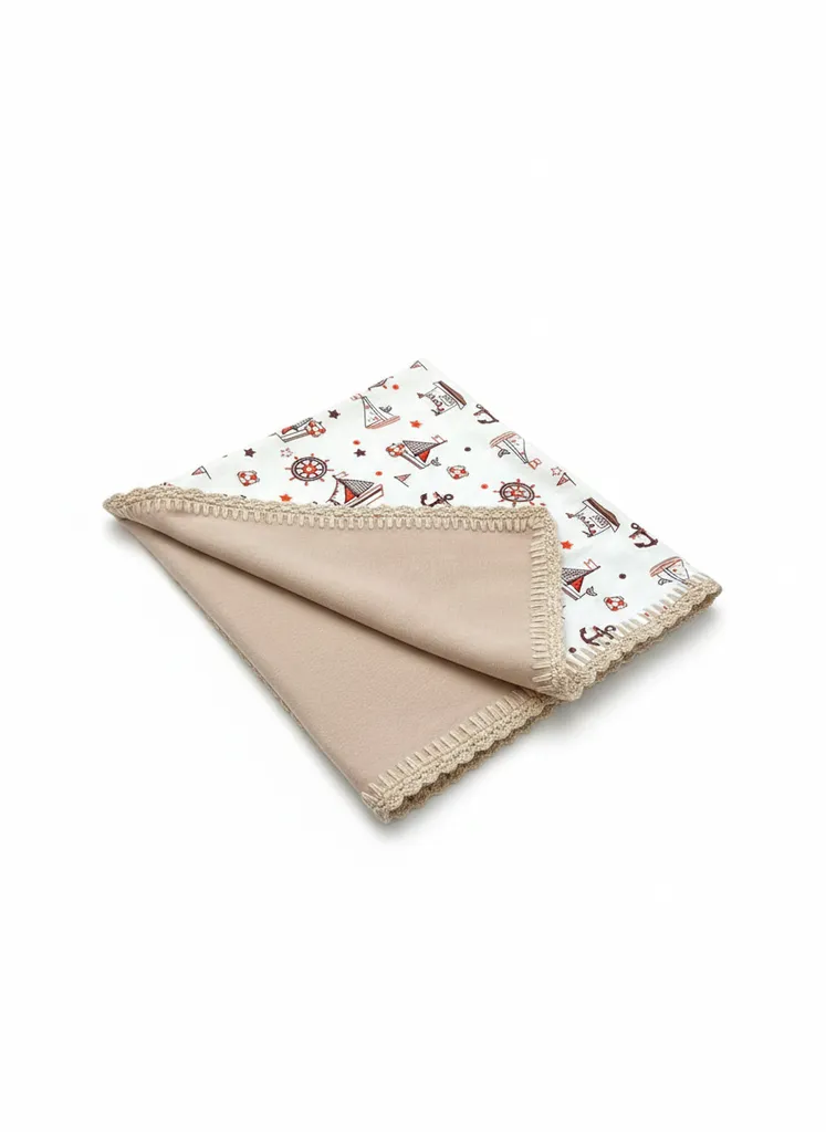 Denizci Desenli İki Tarafı Kullanılabilen Pazen Bebek Battaniyesi (90x90)