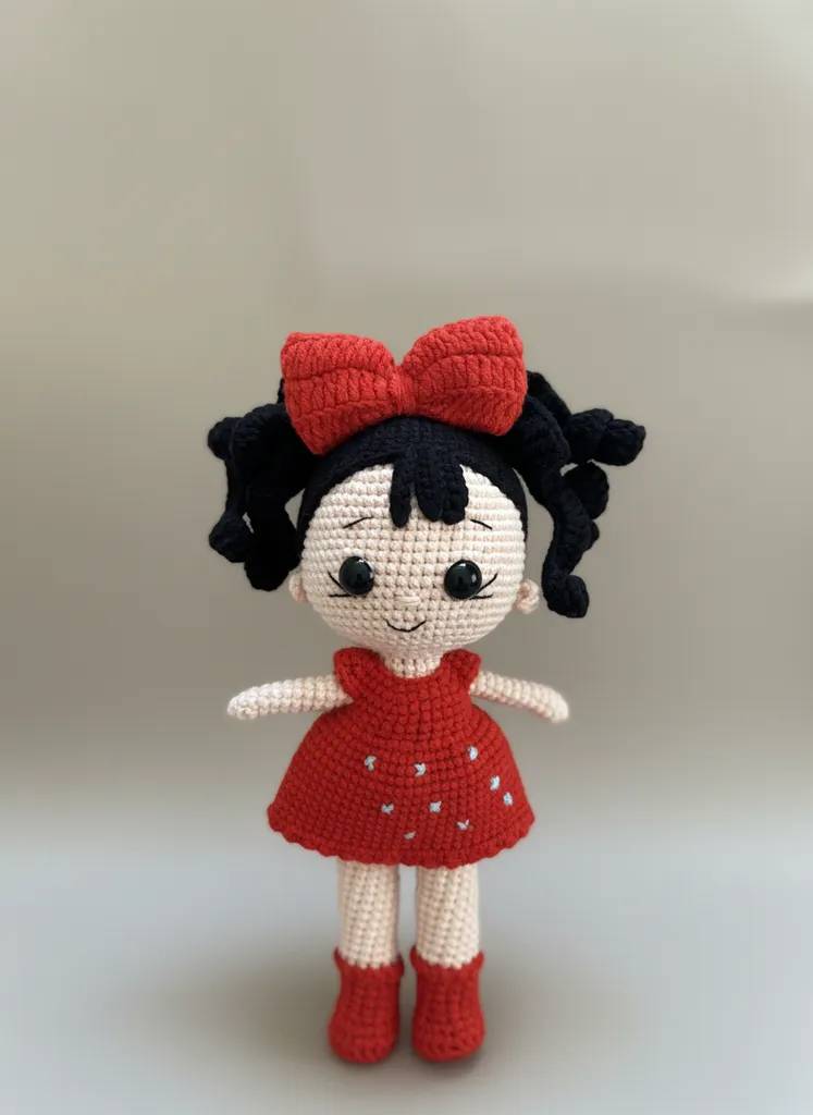 Örgü Oyuncak Bebek - Kırmızı Elbiseli ve Fiyonklu Saçlı, 20 cm