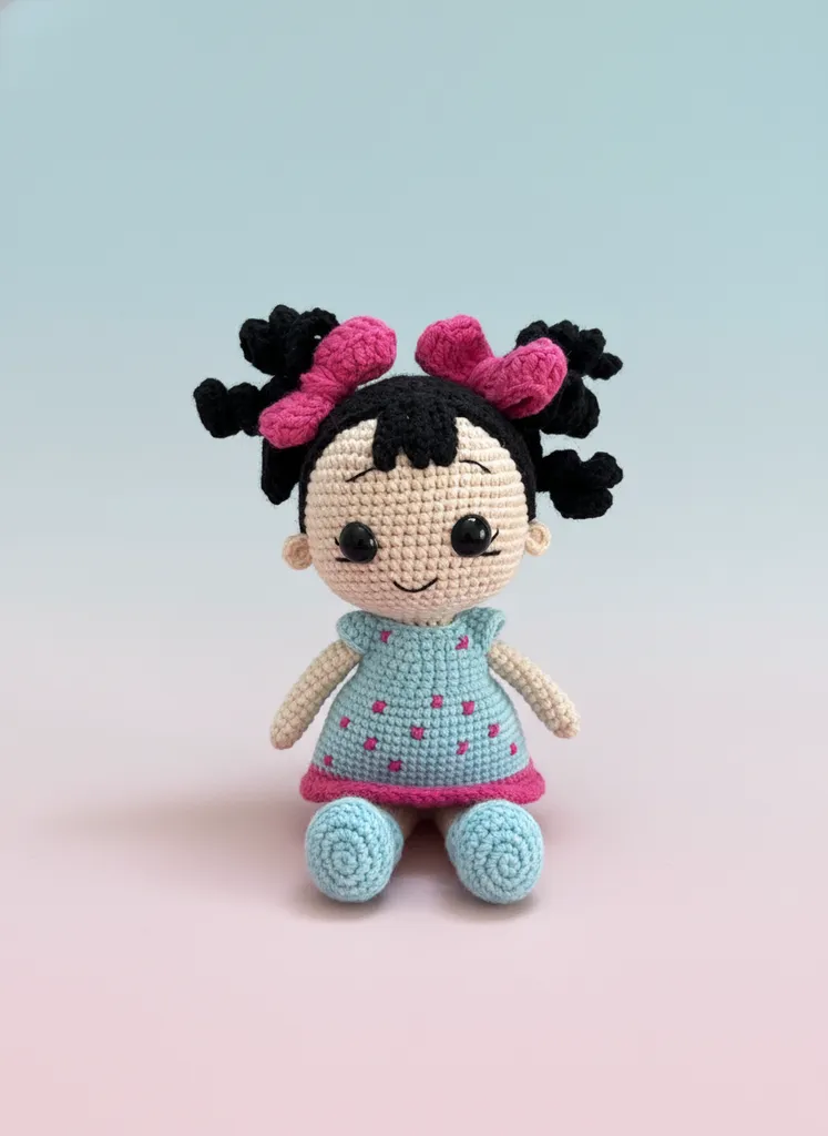 Örgü Bebek Oyuncak - Mavi Elbiseli ve Pembe Detaylı (20 cm)