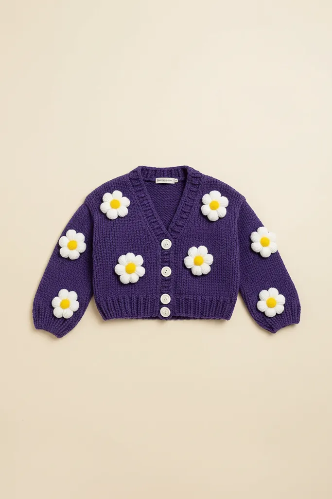 Mor Renkli Çiçek Detaylı Kız Çocuk Örgü Hırka - El Örgüsü