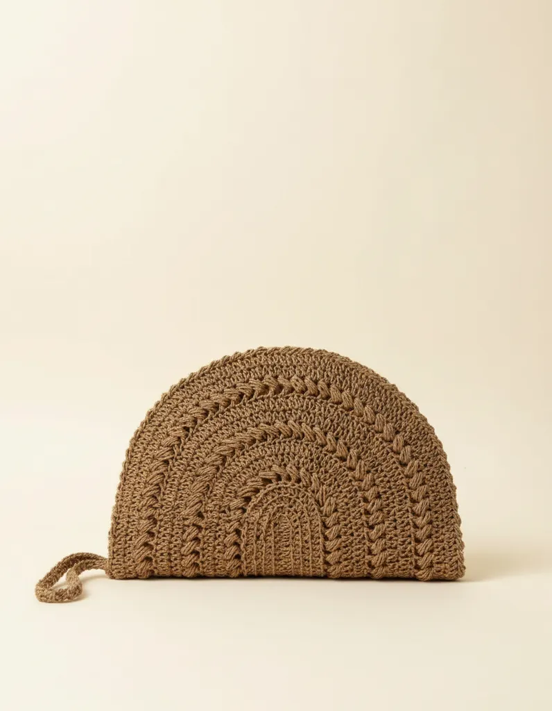 El Yapımı Yarım Daire Kağıt İp Klâç Çanta | Doğal Hasır Görünümlü Yaz Çantası