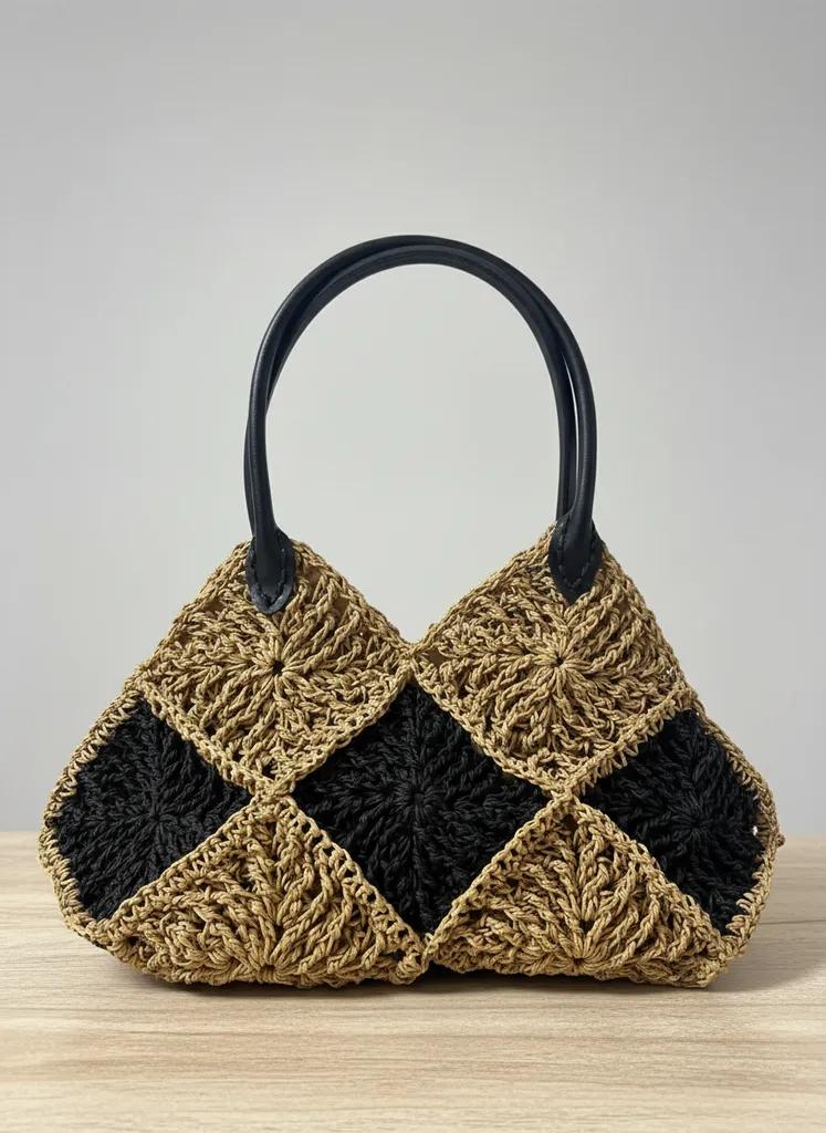 Siyah ve Krem Renkli Örgü Desenli Çanta - Taban Destekli ve Çıtçıtlı