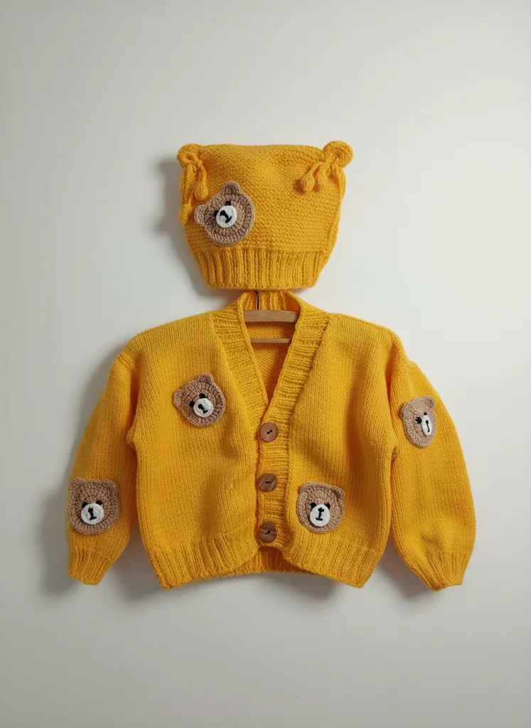 Sarı Örgü Ayıcıklı Bebek Hırka Şapka Takımı - El Örmesi