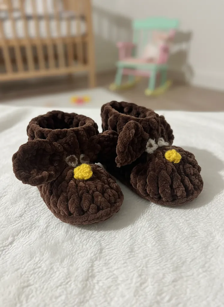 Kahverengi Örgü Bebek Panduf - 6-12 Ay Arası - El Emeği