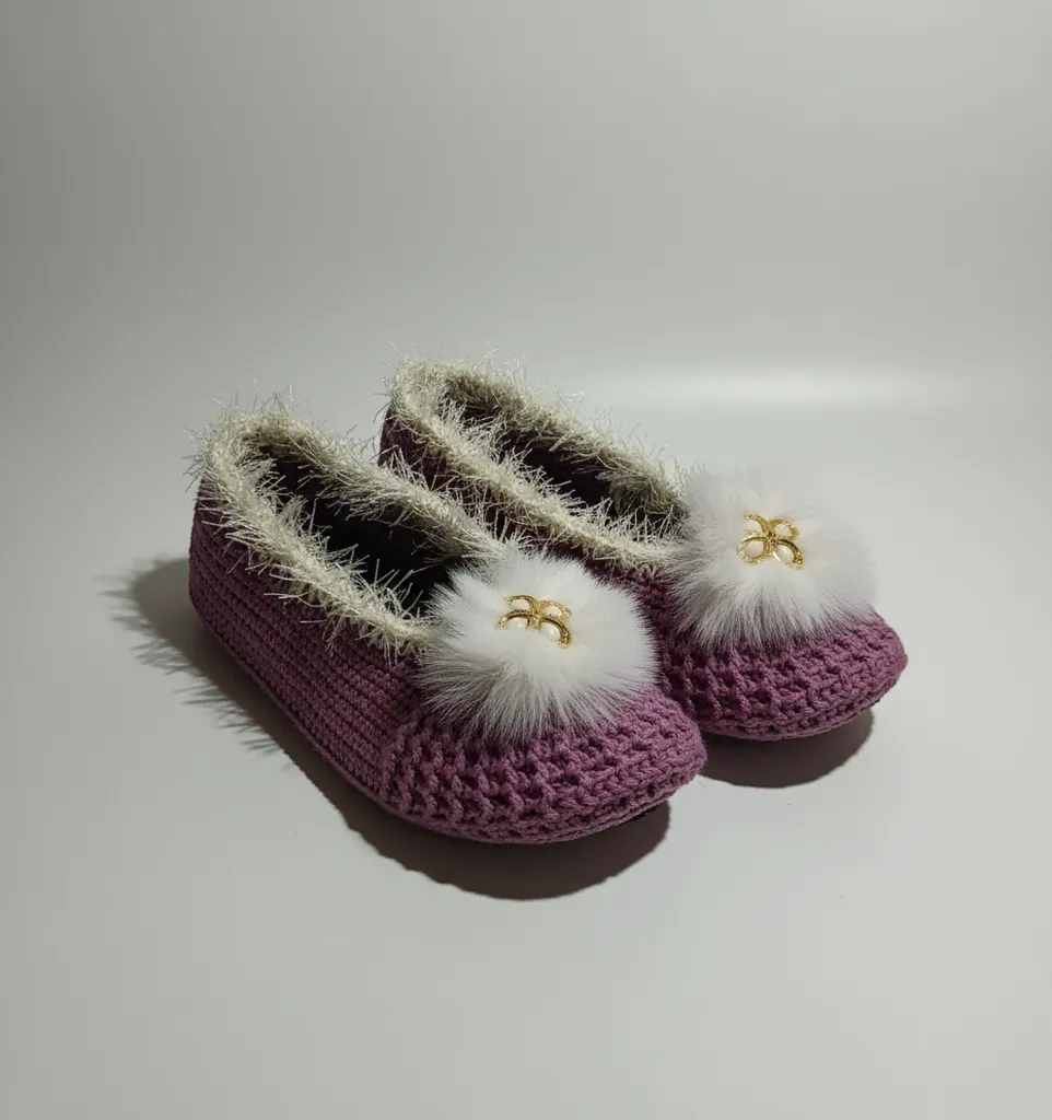 Lila Örgü Ev Babet Terlik - Ponponlu, Keçe Tabanlı, El Örgüsü