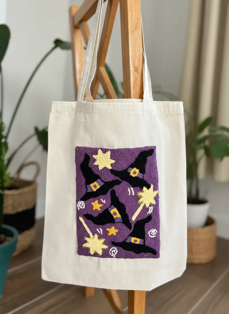 Punch Nakışlı Cadı Şapkası Desenli Bez Çanta - El İşi